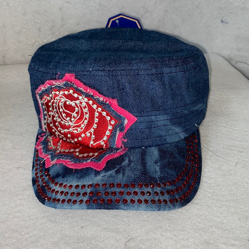 Splash Dark Denim Rhinestone Embellished ROSE Cadet Cap